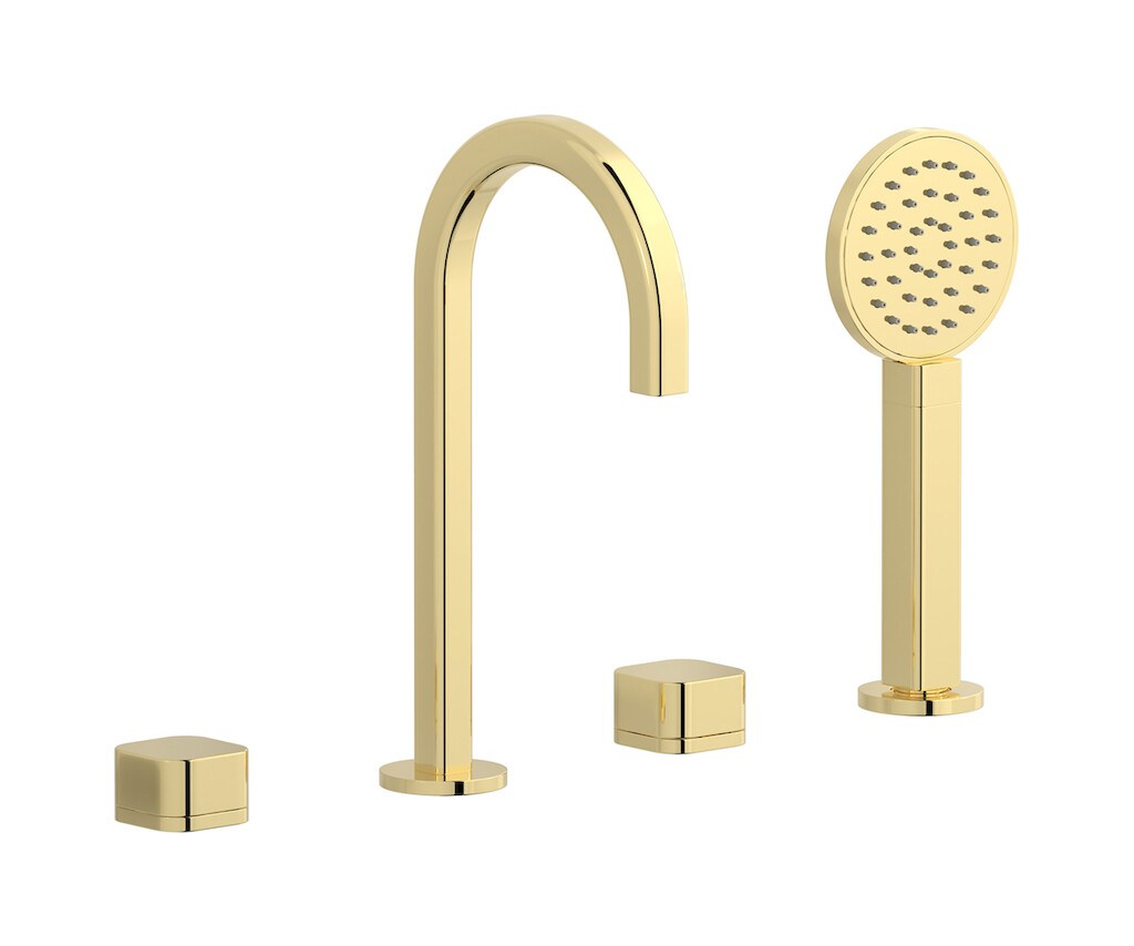 Смеситель на бортик ванной на 4 отверстий с дивертером и душевым гарнитуром. WE ARE IB eo396ii_1 Pale Gold Elio