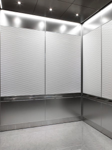 FSRT782 Интерьер лифта Levele-106 с главными панелями из клееного кварца, белого цвета с углеродным рисунком; акцентные панели из нержавеющей стали с отделкой из морского камня на частной территории Forms-surfaces