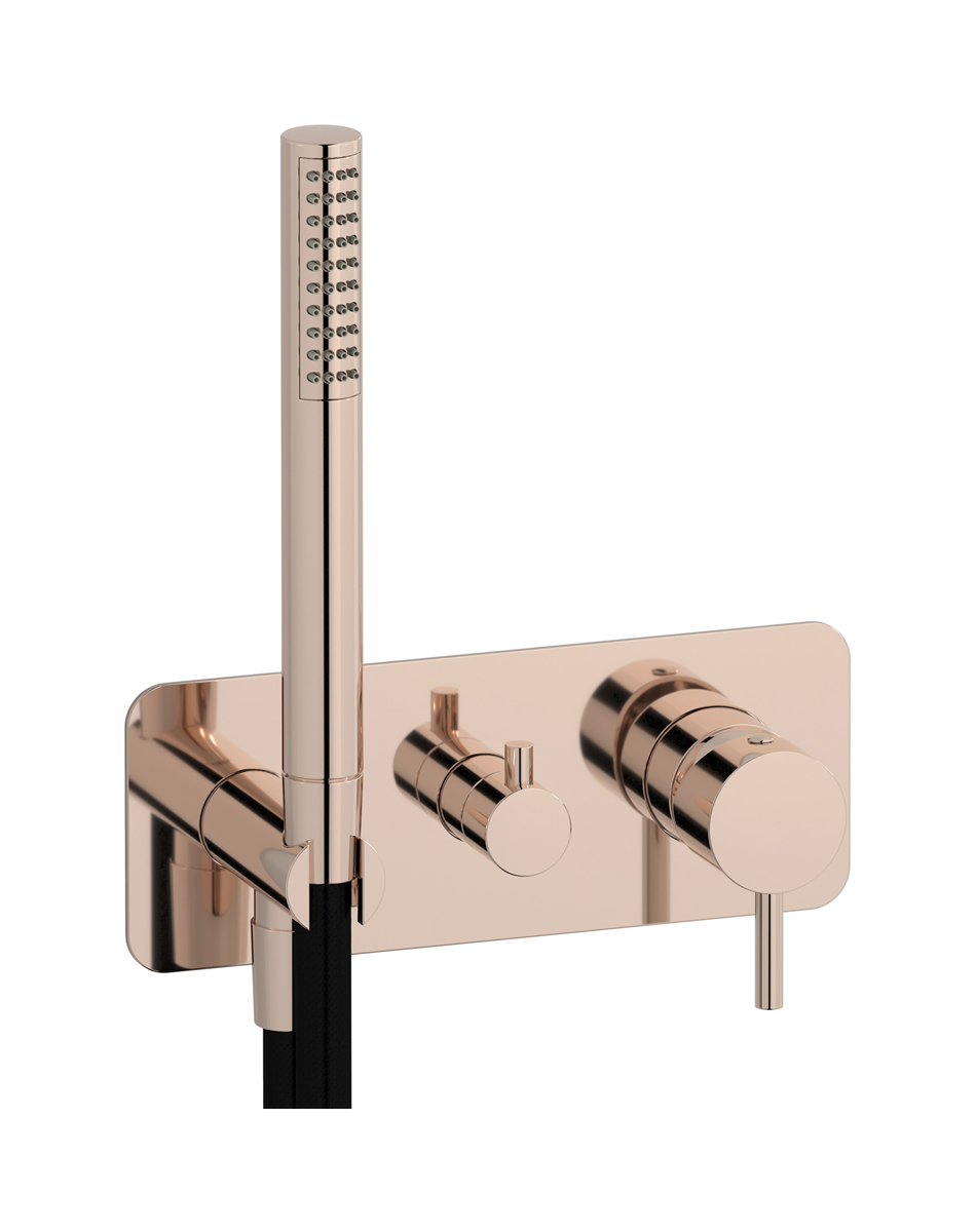 Внешние части встроенного в стену смесителя на 2 потребителя в комплекте с душевым гарнитуром. WE ARE IB mt313rs Rose Gold MilanoTorino 