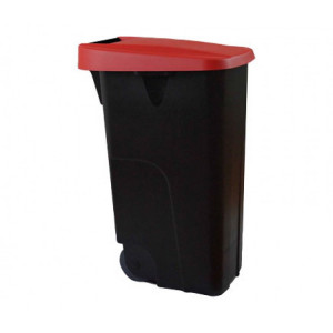 234492 DENOX Контейнер для мусора основа черная с ручкой на колесах с красной крышкой 85 л. Черный с красной крышкой