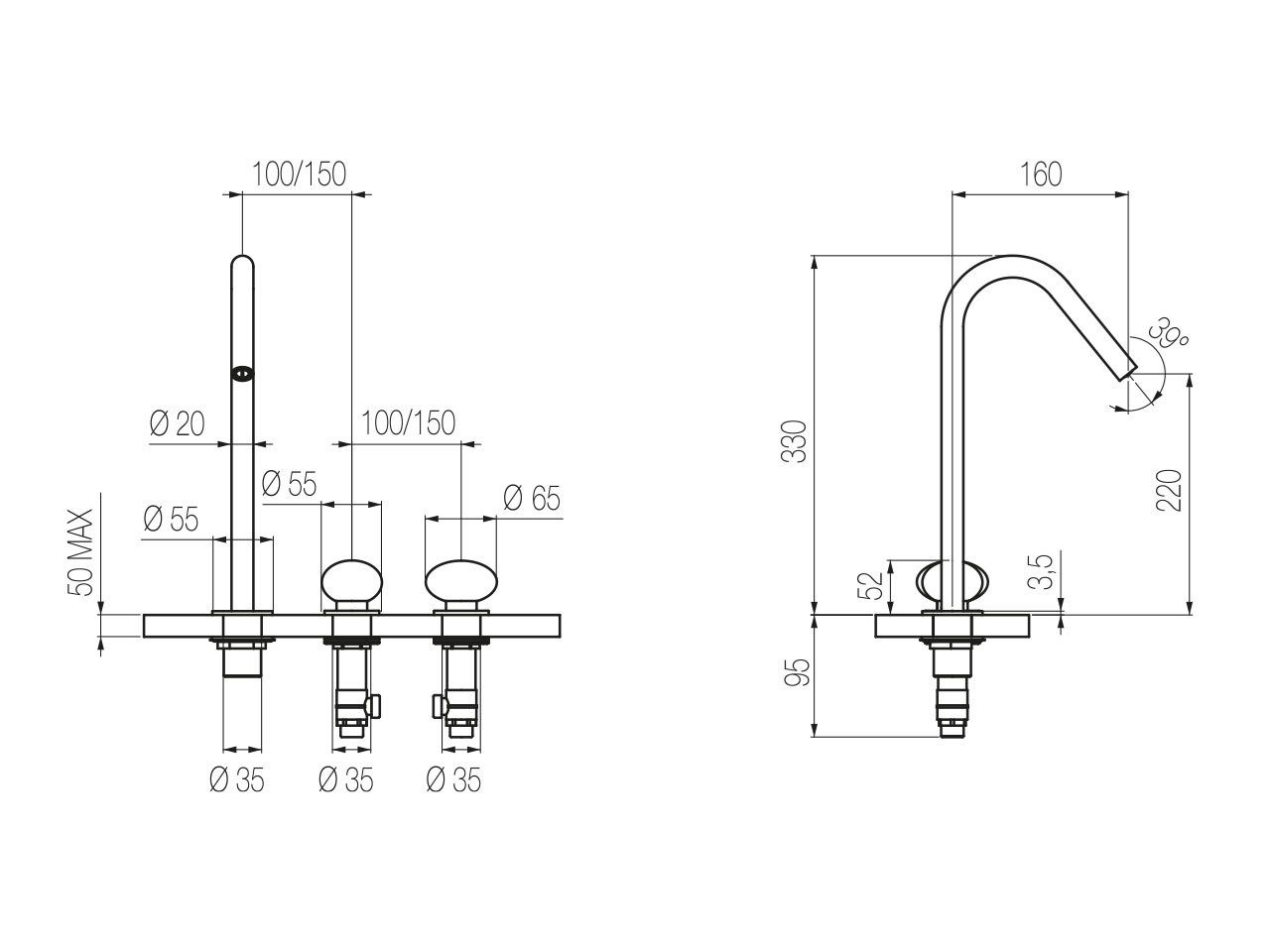 Смеситель для раковины с 3 отверстиями из нержавеющей стали с отдельными розетками Radomonte Mirò ARCH-00099207 - Вид №8