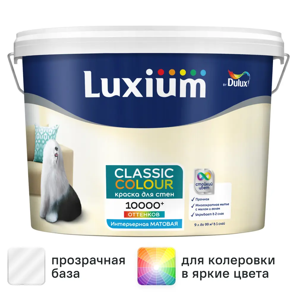 Краска для стен и потолков моющаяся Luxium Classic Colour матовая цвет прозрачный база BC 9 л 89425760 STLM-2175520 