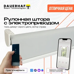 Рулонная штора с электроприводом 1.95x2 м и пультом ДУ Dauerhaft Димаут серый (мотор справа)