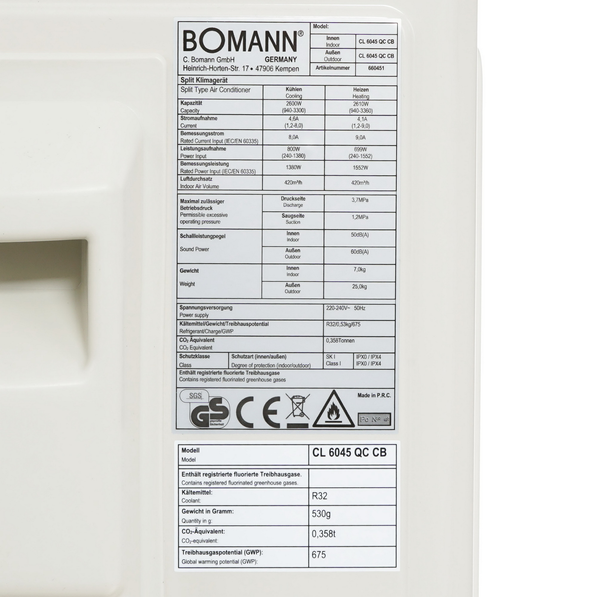 9903196 Кондиционер настенный сплит-система Bomann CL 6045 QC CB белый STDN-0066440 - Вид №7