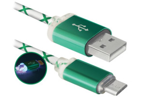 16379467 USB-кабель USB08-03LT USB2.0 зеленый, LED, AM-MicroBM, 1м 87557 Defender