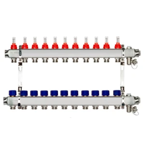 Коллектор Ридан на 11 выходов 1"x3/4" с расходомерами и кронштейнами нержавеющая сталь