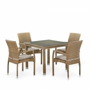 Мебель из ротанга, квадратный стол и стулья с подлокотниками, коричневые на 4 персоны AFINA  00-3860477 Коричневый