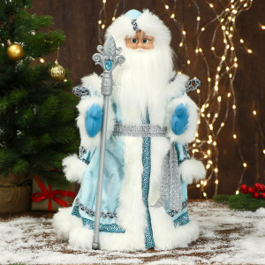 Фигура новогодняя Дед Мороз В голубой шубе с орнаментом, с посохом двигается, 25х45 см ЗИМНЕЕ ВОЛШЕБСТВО