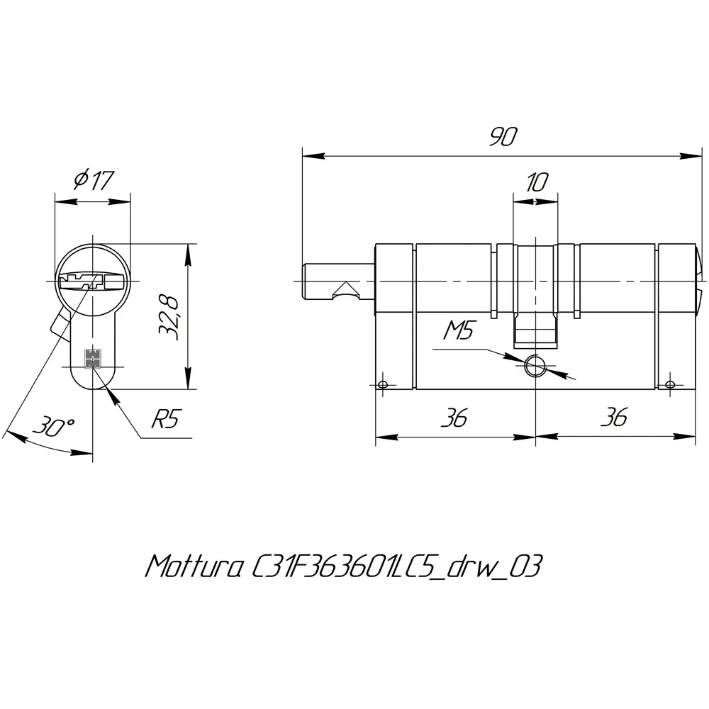 Цилиндр Mottura Champions 31 C31F363601TC5, 31x10x31 мм, ключ/шток, цвет латунь, без вертушки STLM-2048498 - Вид №4