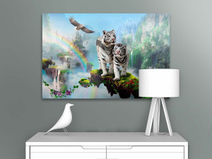 90749894 Картина на деревянном подрамнике Первое ателье "Два белых тигра на фоне радуги и водопадов" 115x77 см STLM-0367170 Santreyd