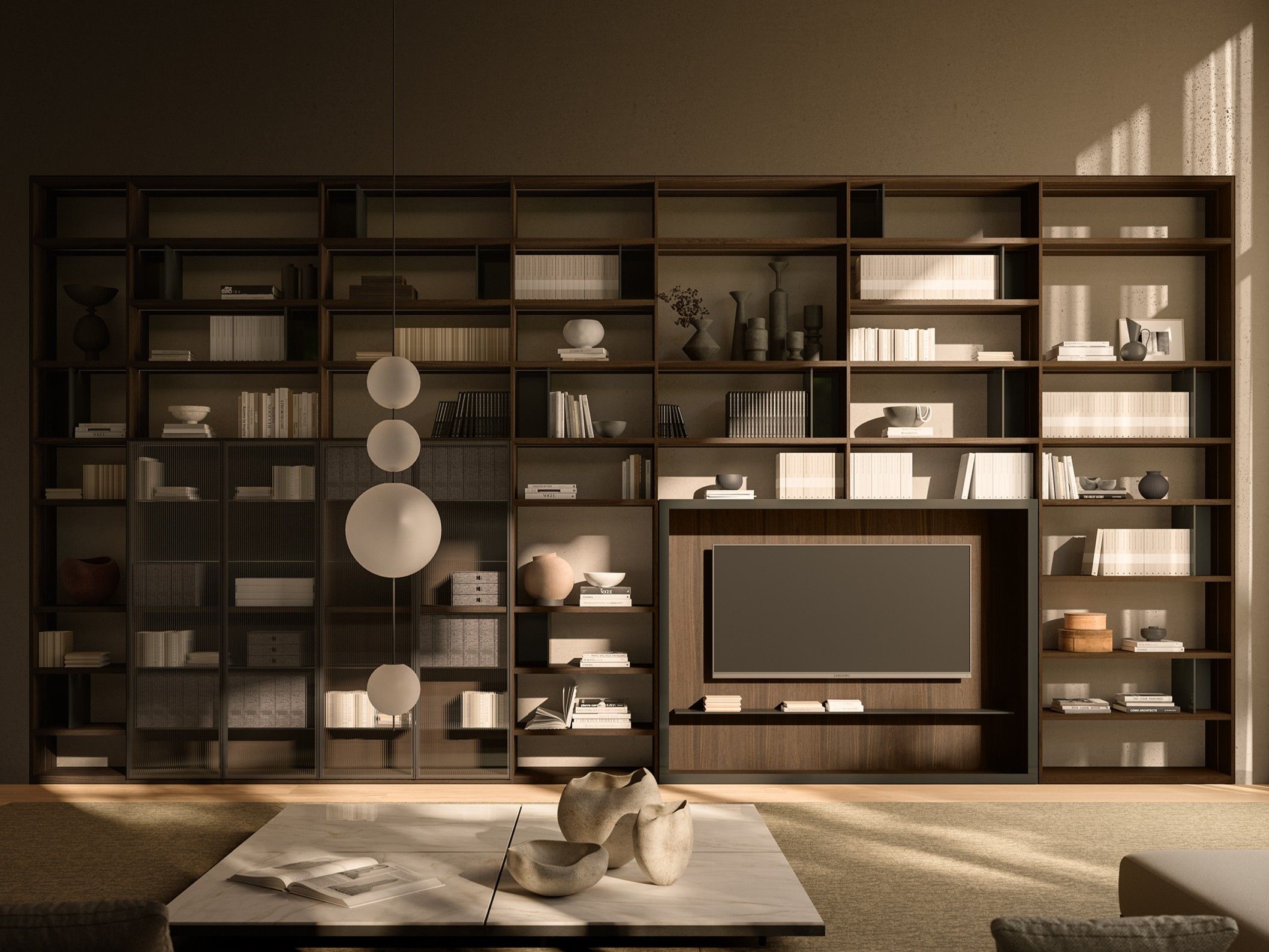 Деревянная настенная секционная Книжная полка с подставкой для телевизора Boffi Антиб ARCH-00091608