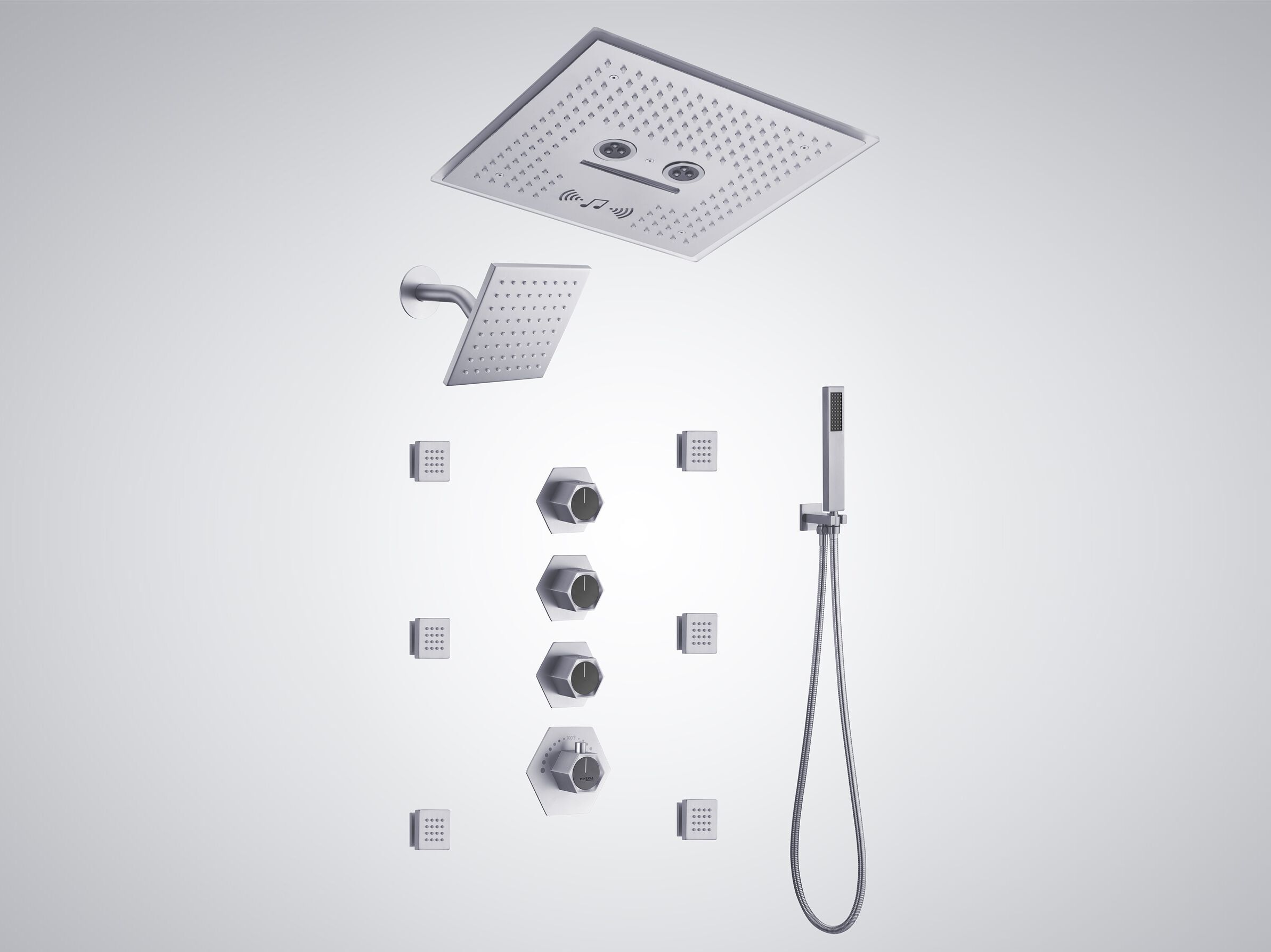 Набор для душа из нержавеющей стали со светодиодной насадкой Fontana Showers PIOGGIA ARCH-00046506