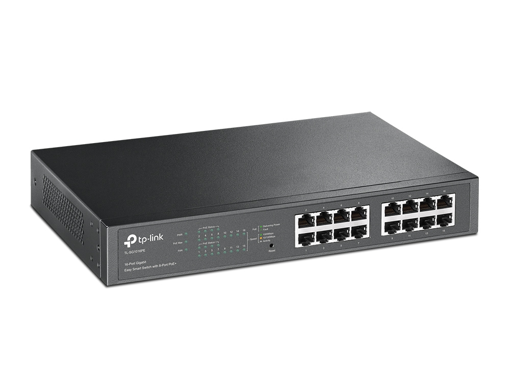 TL-SG1016PE 16-port gigabit easy smart poe switch, 16 10/100/1000 mbps ports, 8 poe+ ports, 802.3af/at support, poe power budget: 110w TP-Link Santreyd  - Вид №1