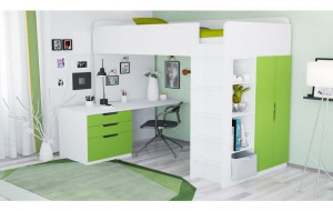 vpk-0001629.6 Кровать-чердак Polini kids Simple с письменным столом и шкафом, белый-лайм МДФ ВПК (Тополь)