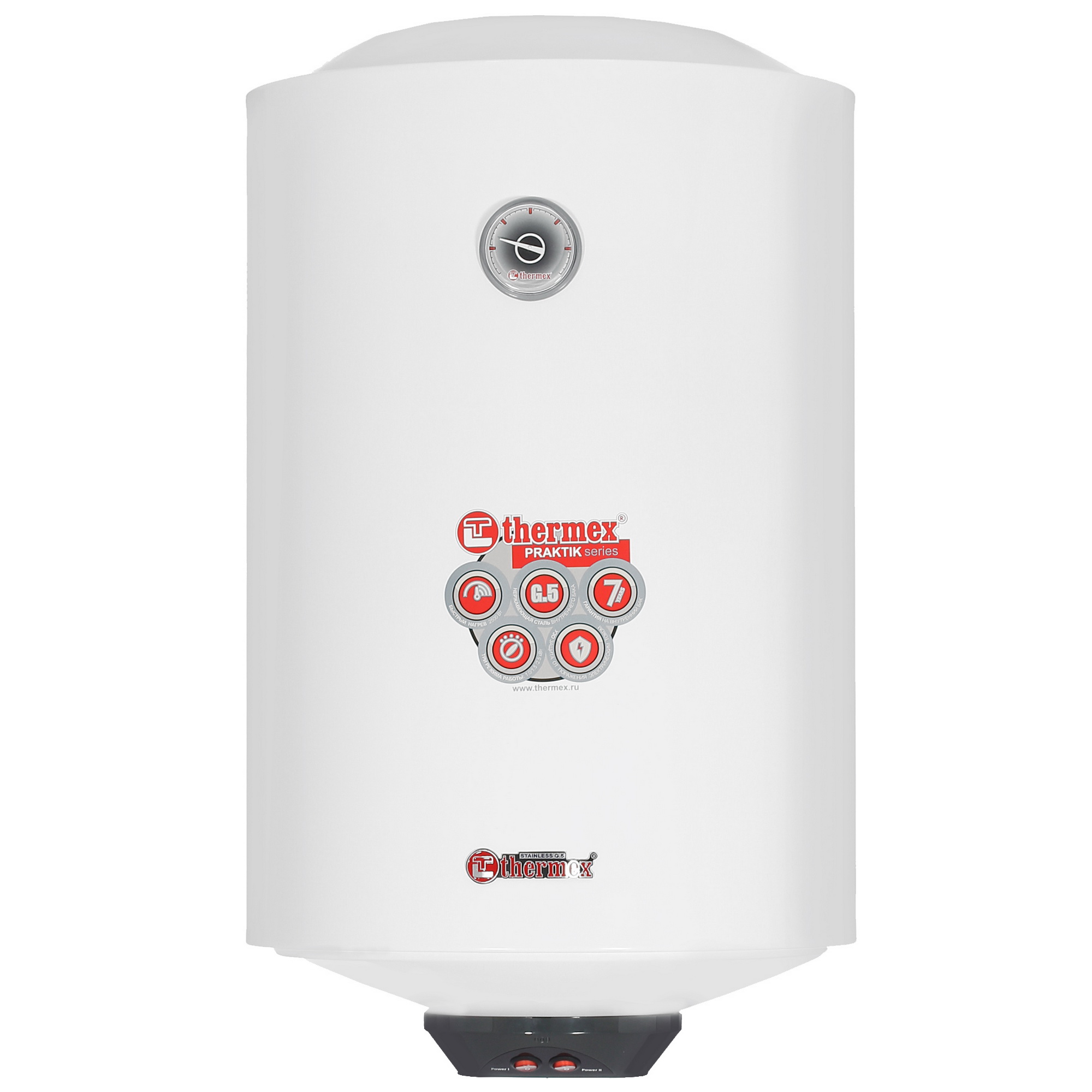 1134746 Водонагреватель Thermex PRAKTIK 80 V [накопительный, 80 л, нержавеющая сталь, нижняя, круглая, уст-ка: вертикальная, белый] STDN-0150826 - Вид №1