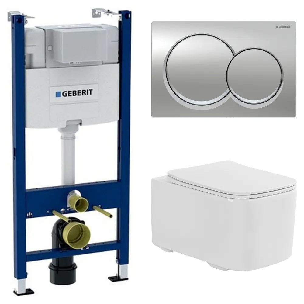 Комплект инсталляции Geberit Alpha с безободковым унитазом Aquatek Квадро клавиша Geberit Alpha хром STLM-2117236
