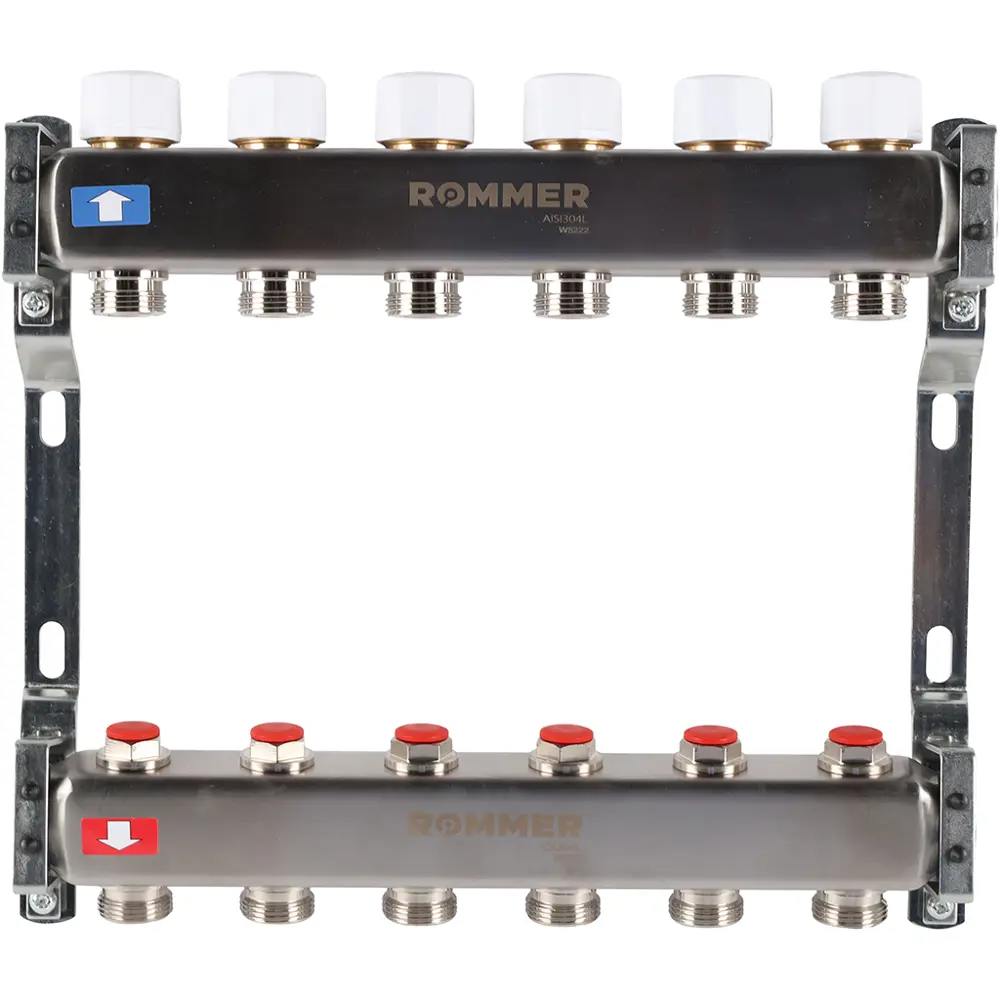 Коллектор без расходомеров Rommer 1"x3/4" 6 выходов нержавеющая сталь RMS-3200-000006 STLM-2023011