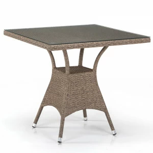Плетеный стол квадратный искусственный ротанг, стеклянная столешница, светло-коричневый 80х80 см AFINA  241127 Коричневый