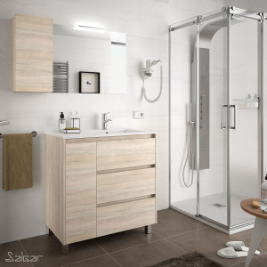 85132 SALGAR Комплект мебели для ванной ARENYS 855 левая дверь ДУБ КАЛЕДОНИЯ + Раковина + Зеркало + Свет Дуб Каледония