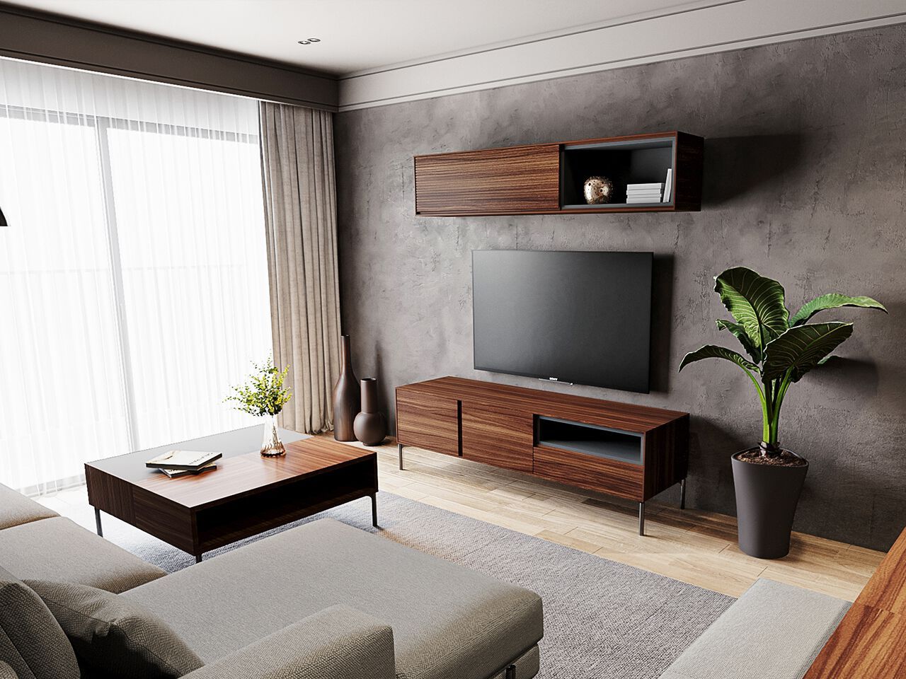 Деревянный шкаф для телевизора с выдвижными ящиками и распашными дверцами NDESIGN пекан ARCH-00068117 - Вид №3