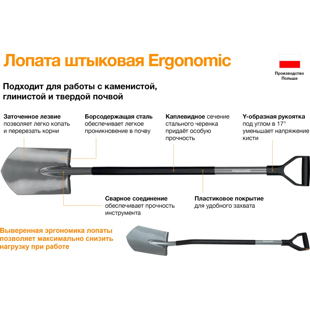 Лопата штыковая Fiskars 125 см сталь, с черенком STLM-2005498 - Вид №2