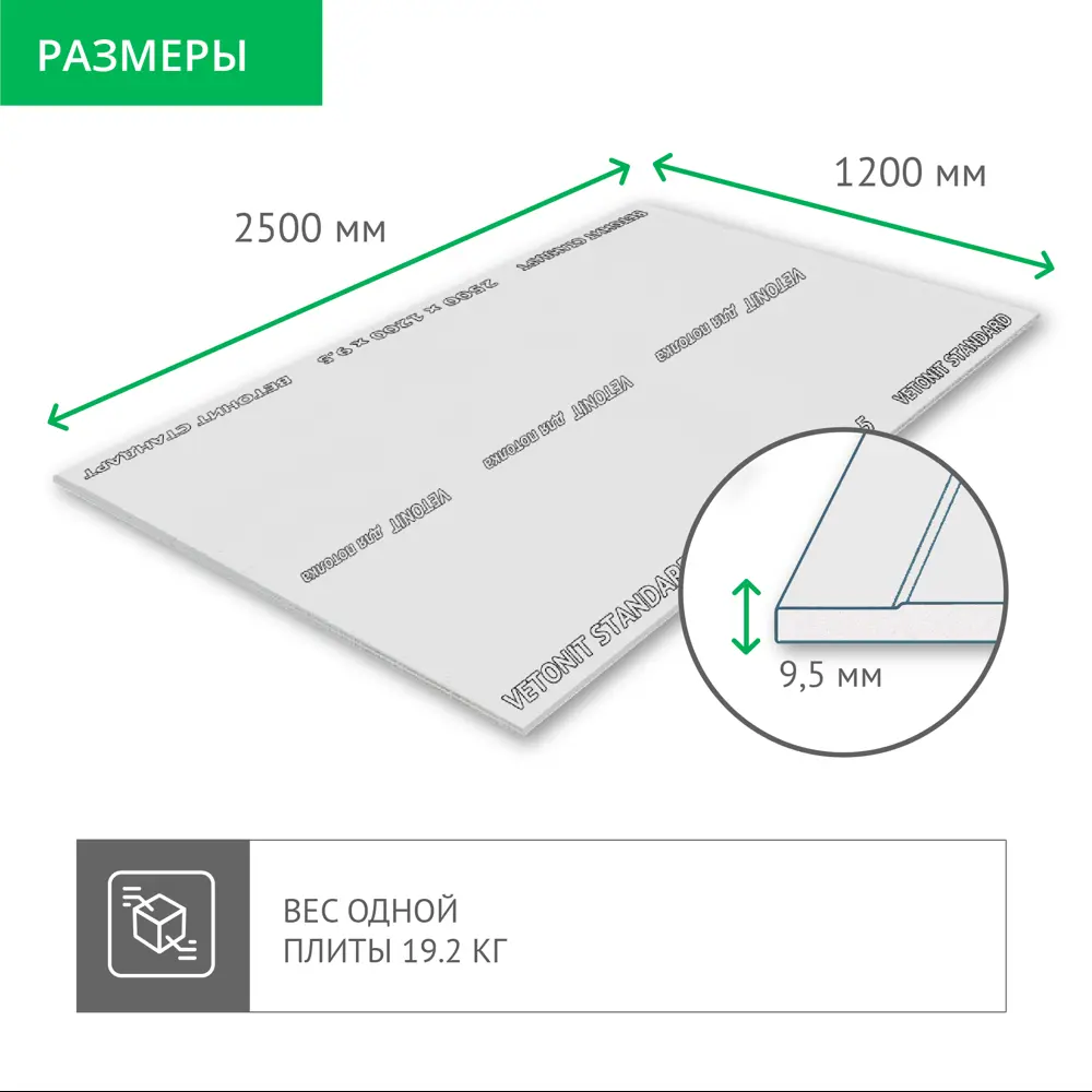 Гипсокартон 9.5 мм Vetonit Стандарт 2500X1200 мм 3 м² STLM-2189793 - Вид №2