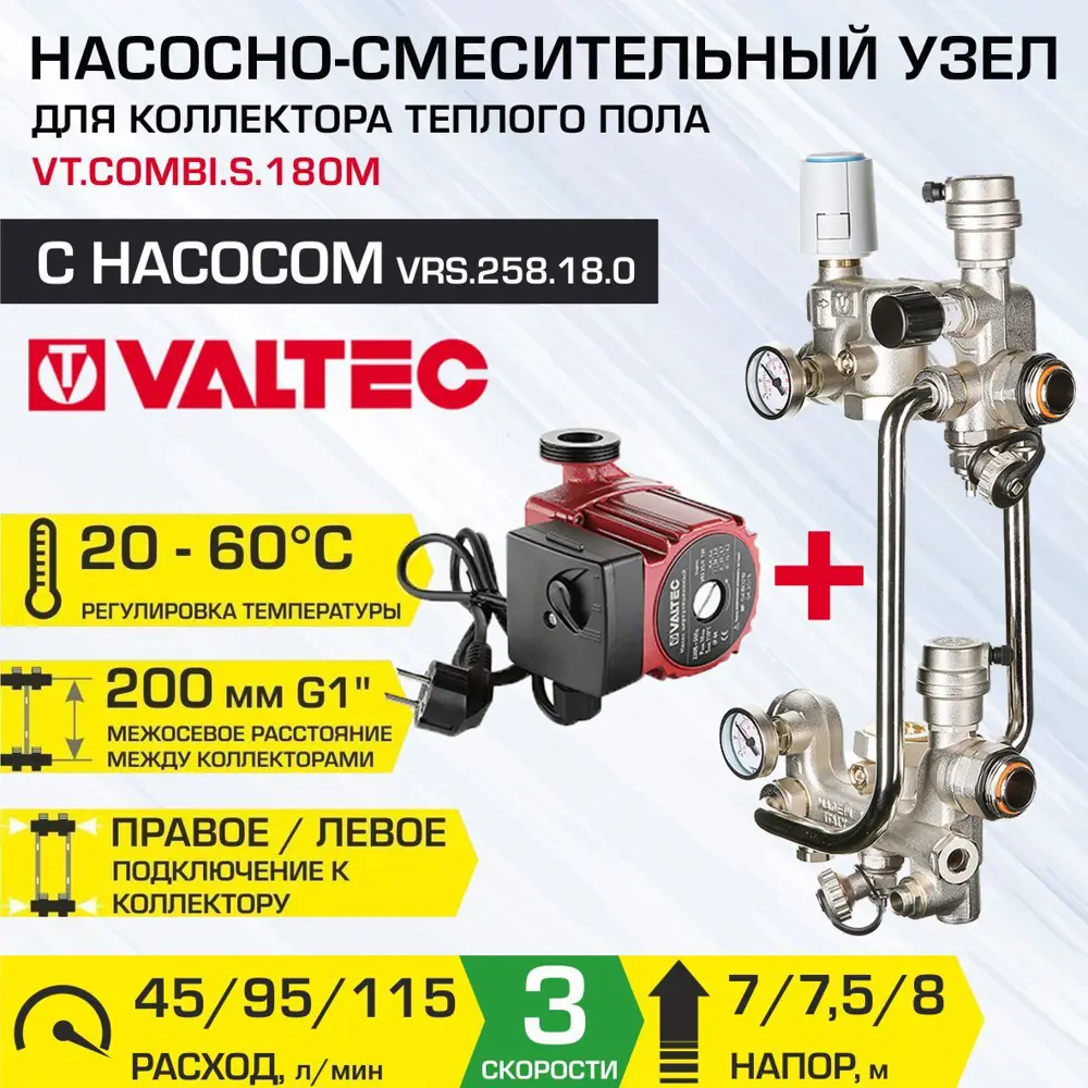 Насосно-смесительный узел Valtec Combi.S 1" для тёплого пола с насосом 25-8x180 мм и сервоприводом