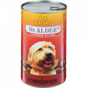 ПР0035372 Корм для собак Дог Гарант сочные кусочки в соусе Говядина конс. 1230г Dr. ALDER`s