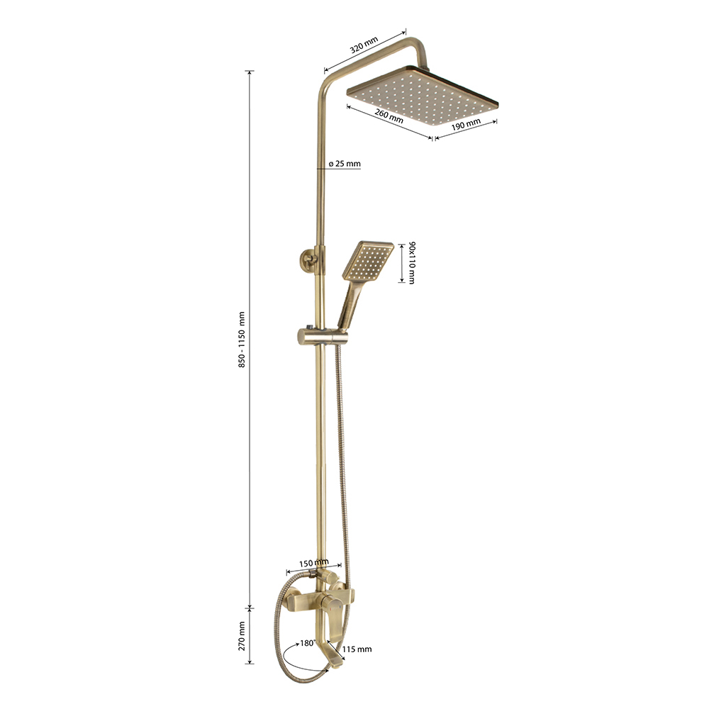 GFmark - Смеситель + стойка душевая "тропический душ" с двумя лейками под состаренную БРОНЗУ, код: 5075  - Вид №3