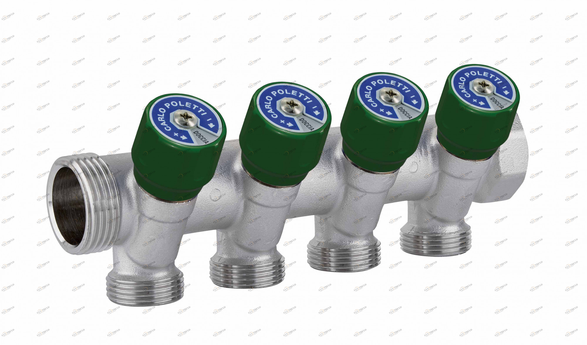 Carlo Poletti C524N10TV Коллектор сборный с регулировочным клапаном. Ручка зеленая с идентификационными пластинками красный/синий. 3 ответвления, межосевое расстояние 40 мм 