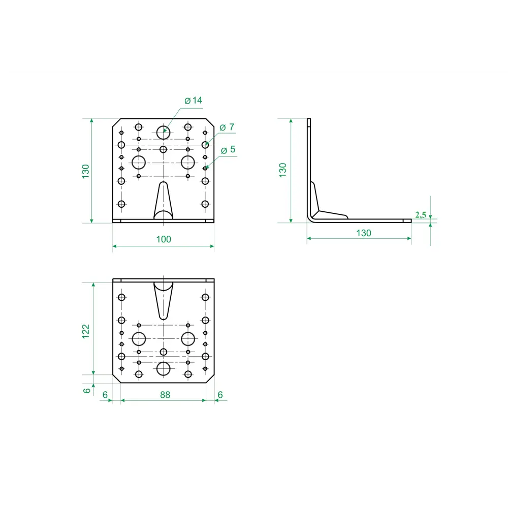 Угол крепежный монтажный усиленный сталь оцинкованная 130x100x2.5x130 мм Santreyd STLM-2101996 - Вид №1