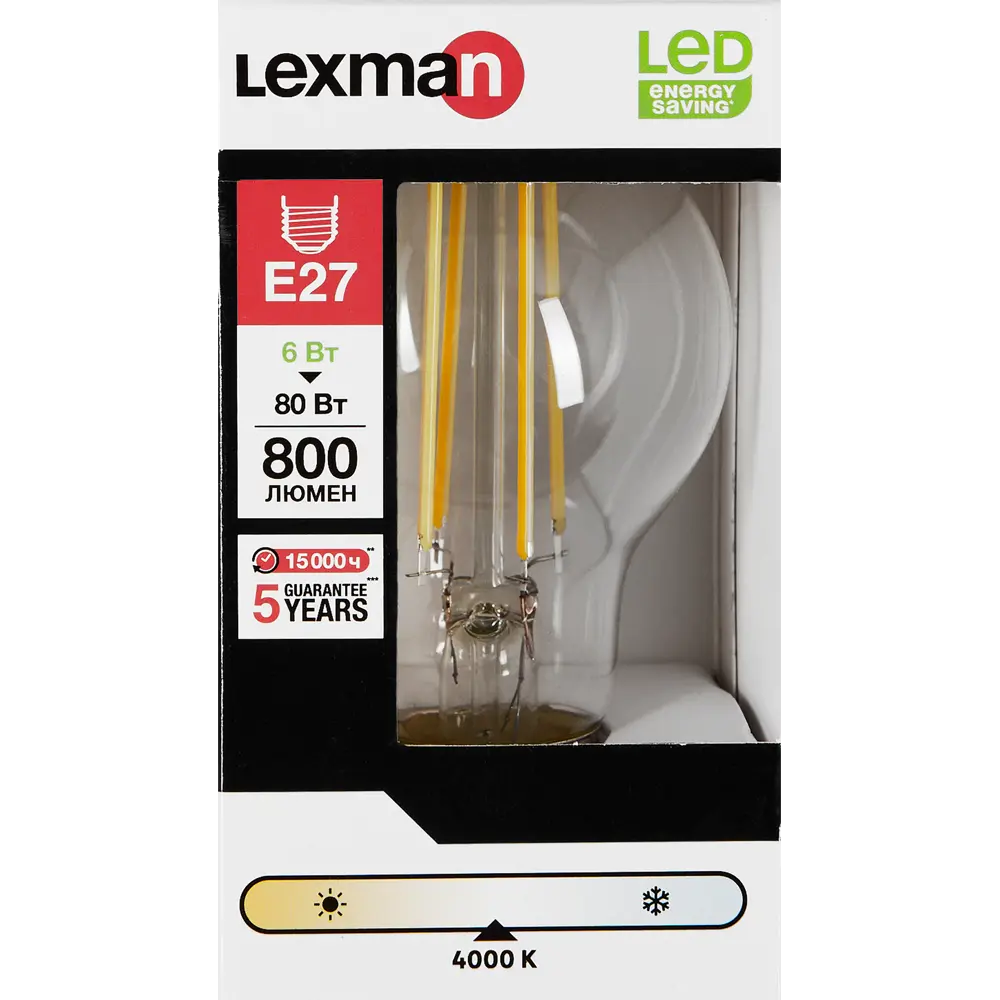 LEXMAN Светодиодная лампа E27 прозрачная груша 6Вт нейтральный свет 82991630 STLM-0910493 - Вид №3