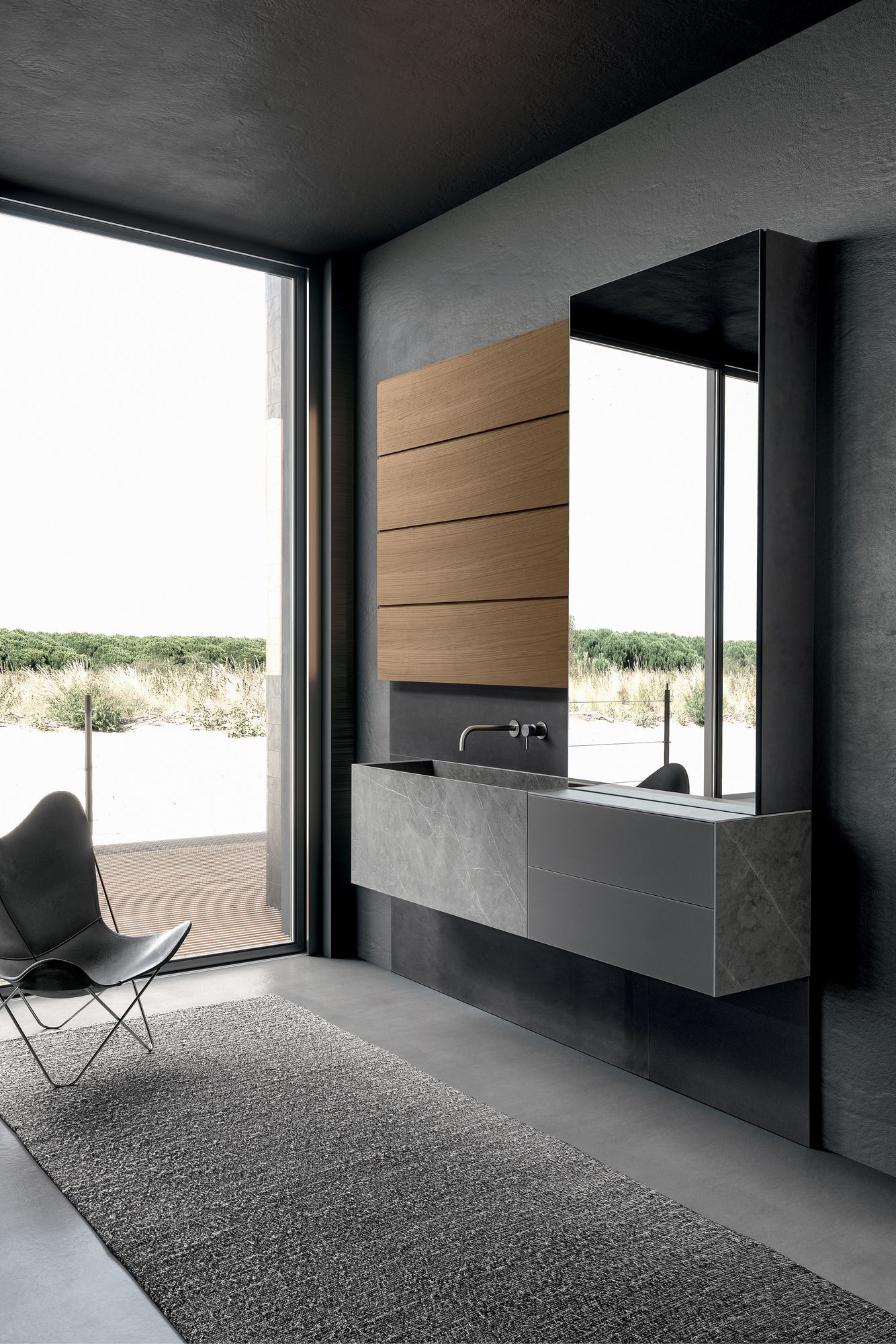 Шкаф для раковины из грецкого ореха и керамики с зеркалом и ящиками MODULNOVA Blade ARCH-00106401