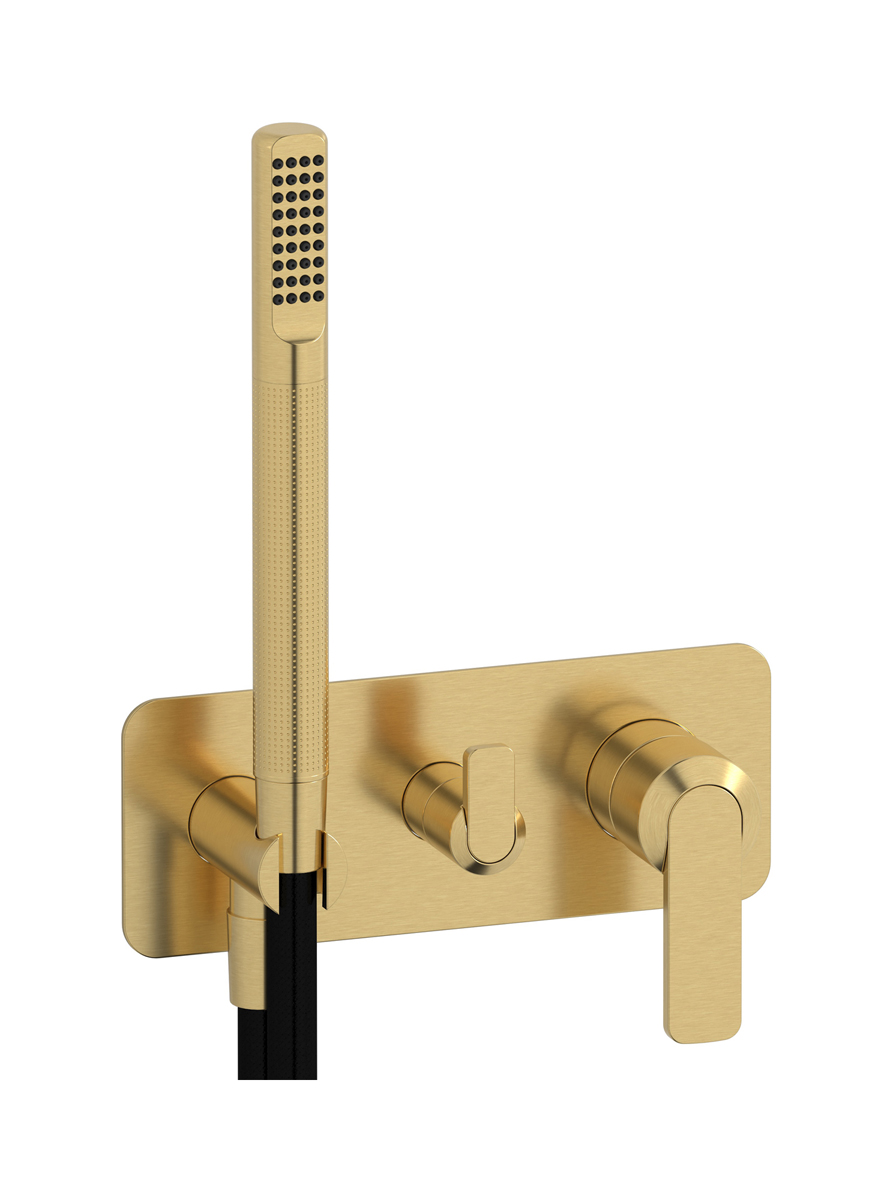 Внешние части встроенного в стену смесителя на 3 потребителя в комплекте с душевым гарнитуром. WE ARE IB c6314os Brushed Gold C-67
