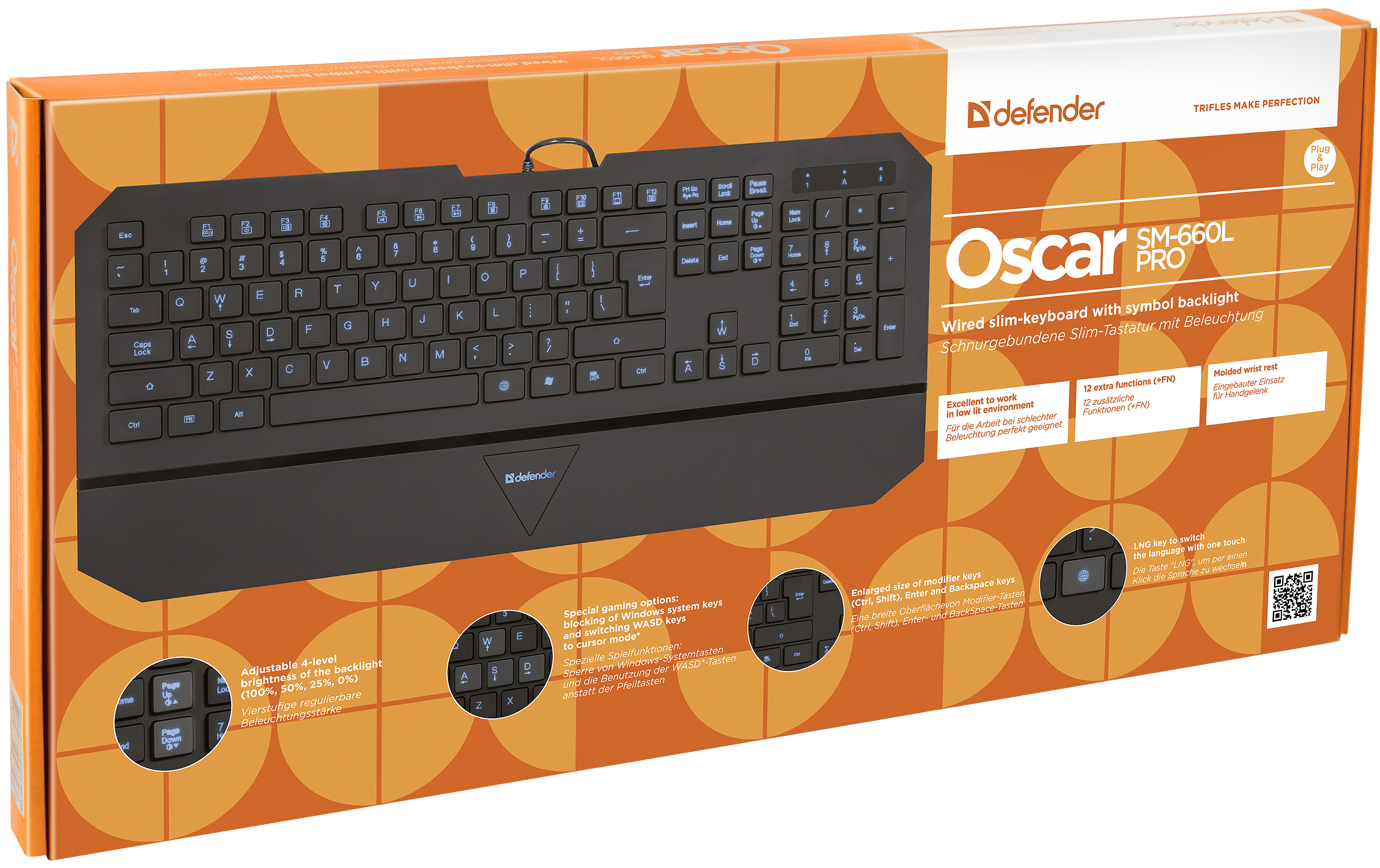 45662 проводная клавиатура oscar sm-660l pro ru,черный,4 уровня подсветки usb Defender Santreyd  - Вид №2