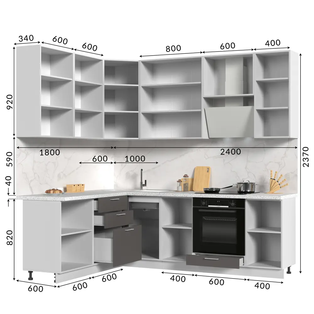 Кухонный гарнитур со столешницей Лён 2.6 см Стендмебель Катрин 240x237x60 см ЛДСП цвет белый/муссон