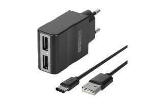 17458338 Зарядное устройство от сети Комбо RT:2USB + кабель USB TypeC 2А, B201, 51891 Interstep