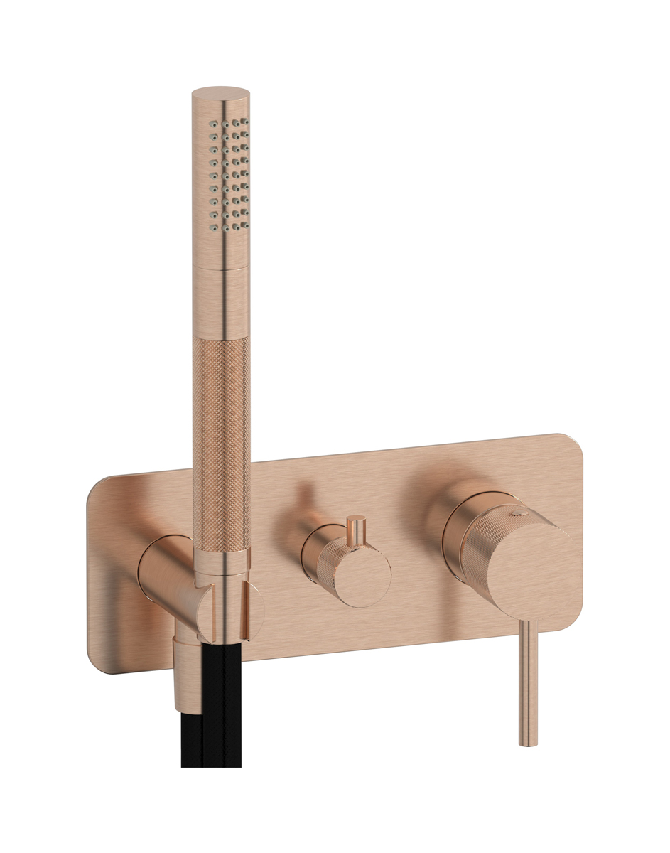 Внешние части встроенного в стену смесителя на 3 потребителя в комплекте с душевым гарнитуром. WE ARE IB id314sr Brushed Rose Gold Industria