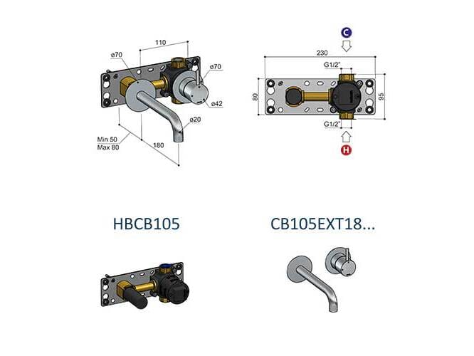Латунный настенный смеситель для раковины с 2 отверстиями Hotbath Cobber ARCH-00109817 - Вид №2
