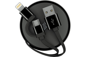 19003620 Кабель-рулетка Lightning+Micro USB2.0, алюминий черно-черный, 0.9м 65585 Interstep