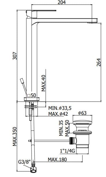 Высокий смеситель для раковины с автоматическим сливом RUBINETTERIA PAFFONI Tango ARCH-00042446 - Вид №2