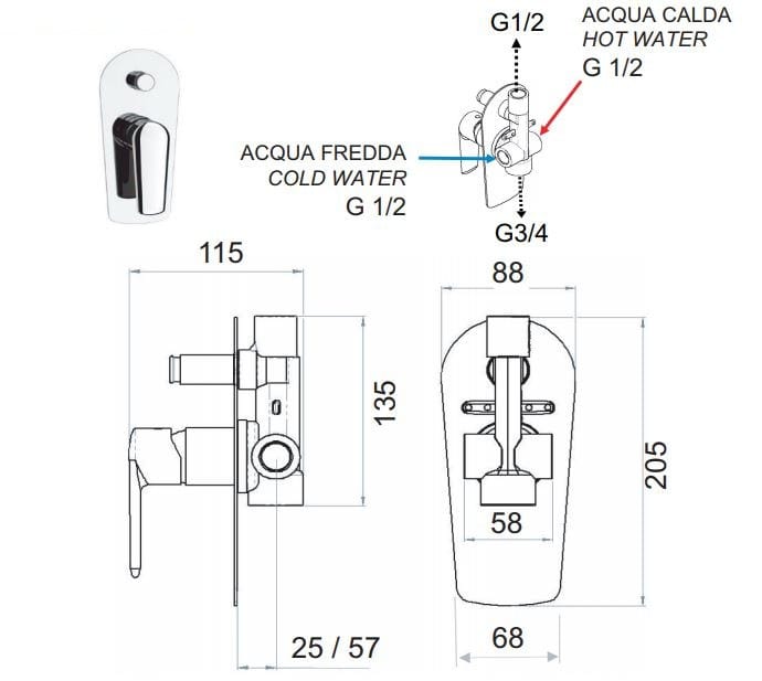 Встраиваемый однорычажный смеситель для душа с переключателем Remer Rubinetterie тщеславие ARCH-00029082 - Вид №2