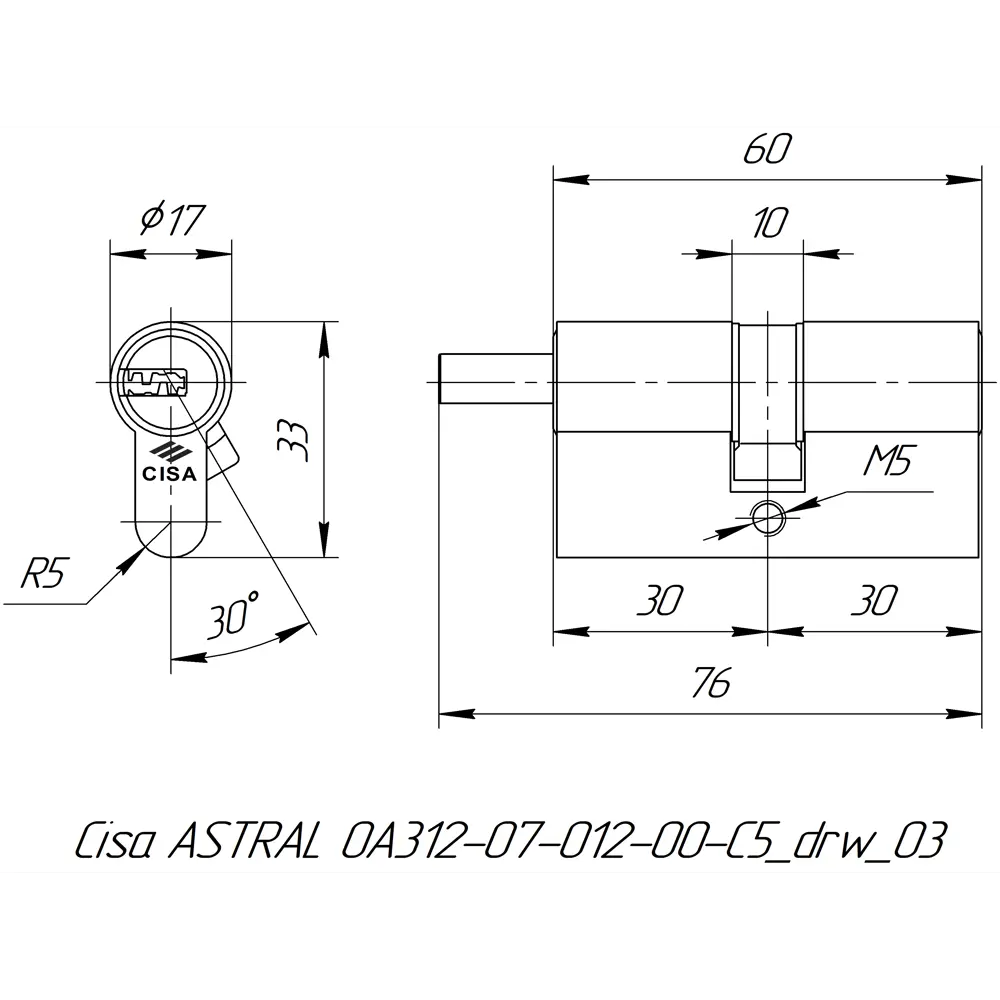 Цилиндр Cisa Astral ОА312-07.12, 30x30 мм, ключ/шток, цвет никель, без вертушки STLM-2046406 - Вид №4