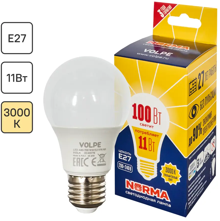 Светодиодная лампа Volpe Norma E27 11Вт теплый белый свет 82314009