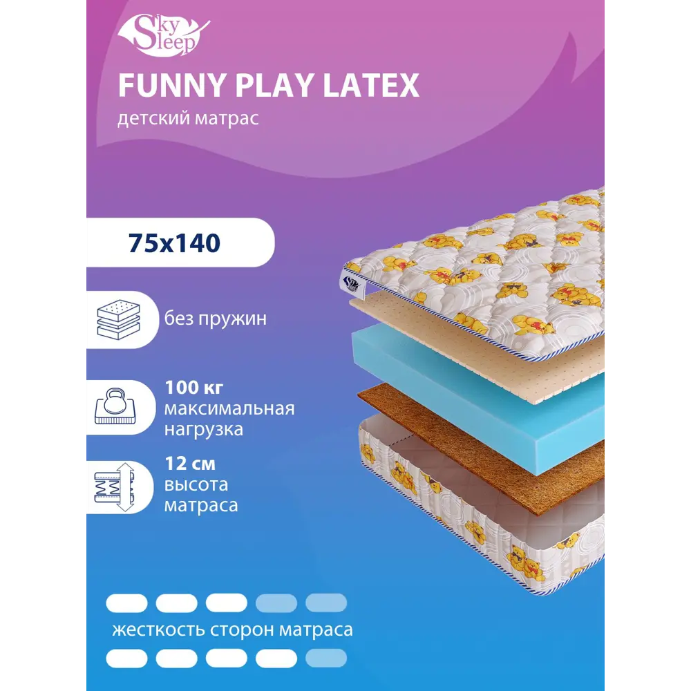 Матрас SkySleep FUNNY Play Latex 75x140 см беспружинный, детский, ортопедический, латексный, кокосовый