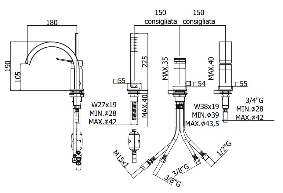 Смеситель для ванны с 3 отверстиями и ручным душем RUBINETTERIA PAFFONI Tilt ARCH-00143512 - Вид №2