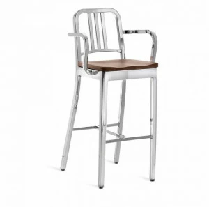 Emeco Высокий барный стул из алюминия и дерева с подлокотниками 1104 navy®