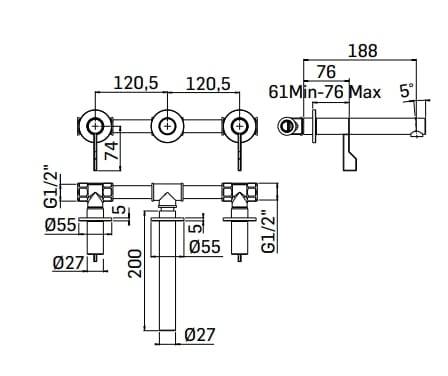 Настенный смеситель для раковины с 3 отверстиями Mamoli Castiglioni ARCH-00070960 - Вид №2