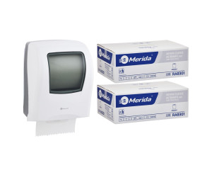 PROMO47 ОДИН белый механический диспенсер для полотенец за 100 злотых нетто при покупке 2 коробок полотенец CLASSIC AUTOMATIC RAB301 (12 x 250 м = 3000 м, 11 760 листов) Merida
