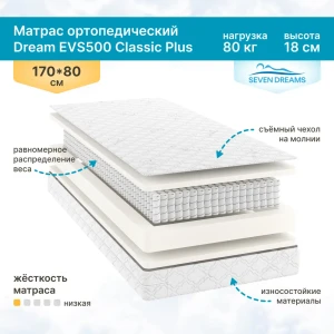 91537531 Матрас Seven Dreams Dream EVS500 Classic Plus 80x18x170 см независимый пружинный блок, односпальный 91537531 Матрас Seven Dreams Dream EVS500 Classic Plus 80x18x170 см независимый пружинный блок, односпальный